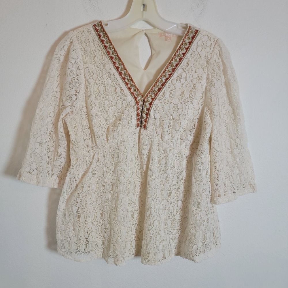Lovecolette Boho White Lace 3/4 Sleeve V-Neck Tassel Peasant Ethereal Top Small